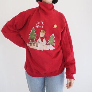 Vintage Pro Sports Red Snowman Christmas Tree Star Snowflake Sweatshirt Cabin L